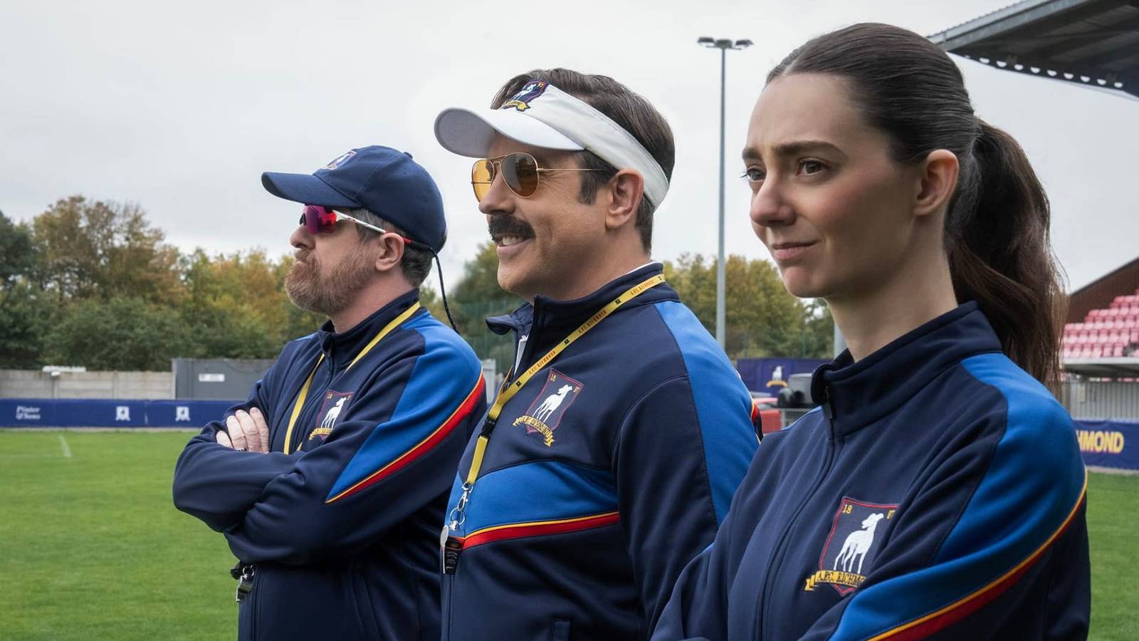 Brendan Hunt, Jason Sudeikis and Tanya Reynolds in Ted Lasso season 4