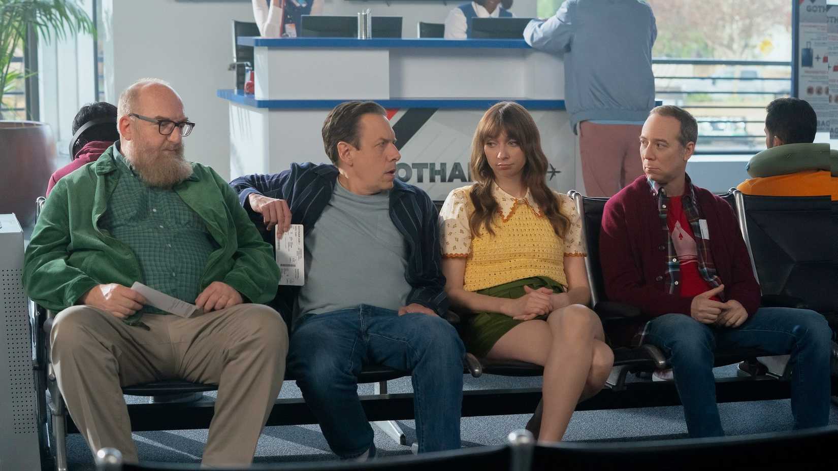 Brian Posehn, John Ross Bowie, Lauren Lapkus, Kevin Sussman sitting together in Stuart Fails to Save the Universe