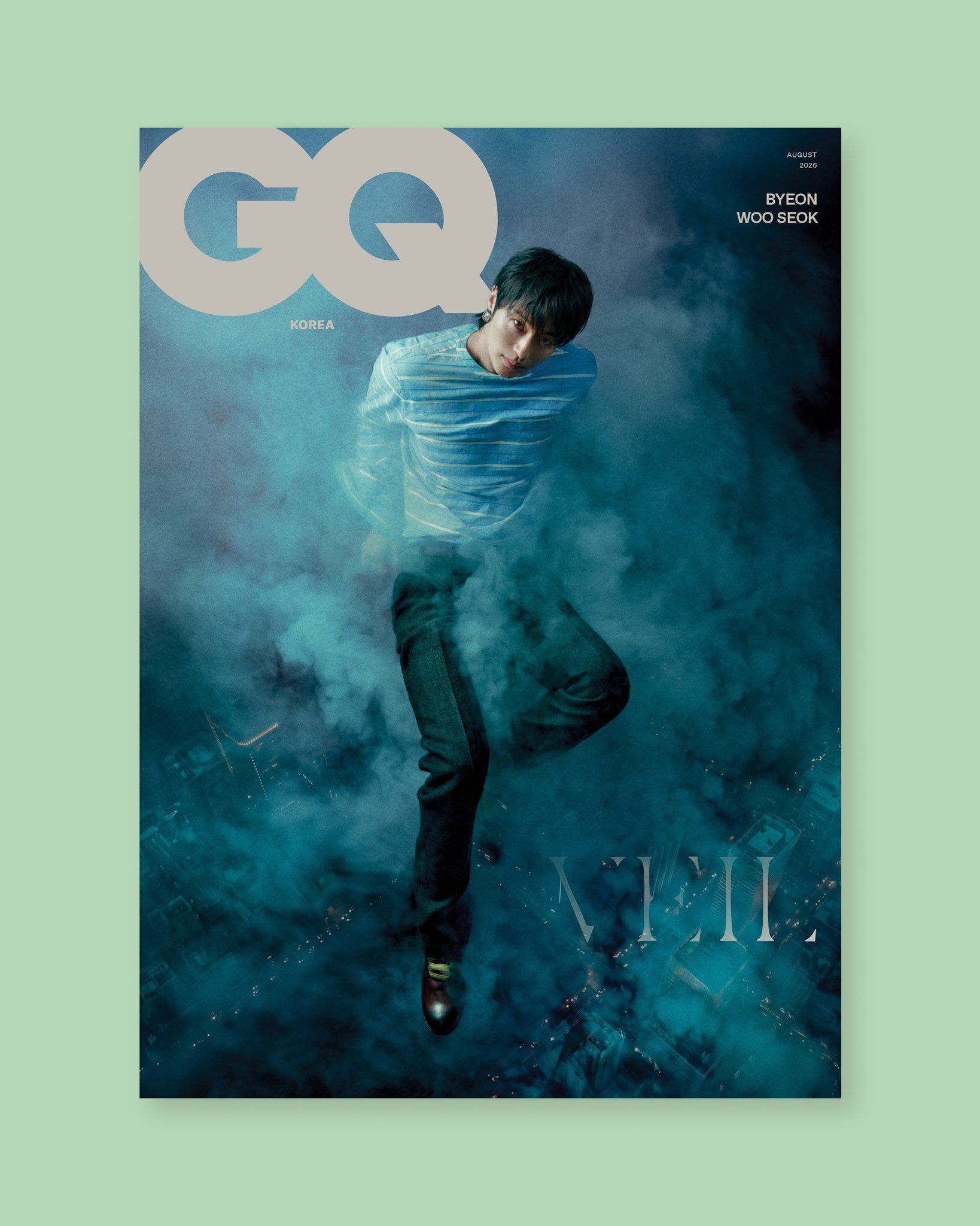 Byeon Woo-seok surrounded by smoke on the cover of GQ Korea August 2026