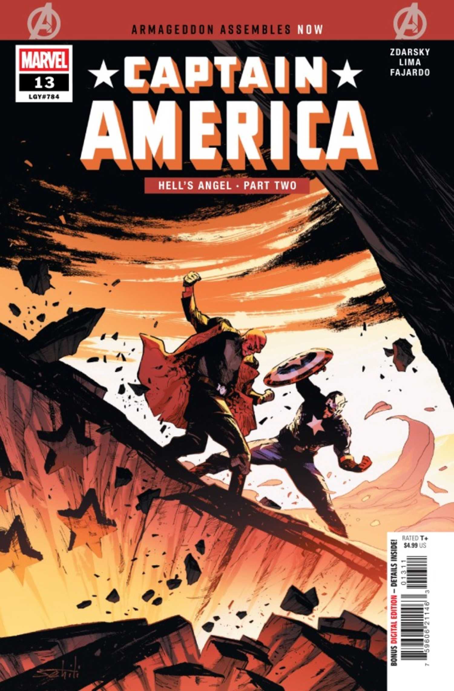 Captain America #13 cover, Cap fighting Red Skull in hell