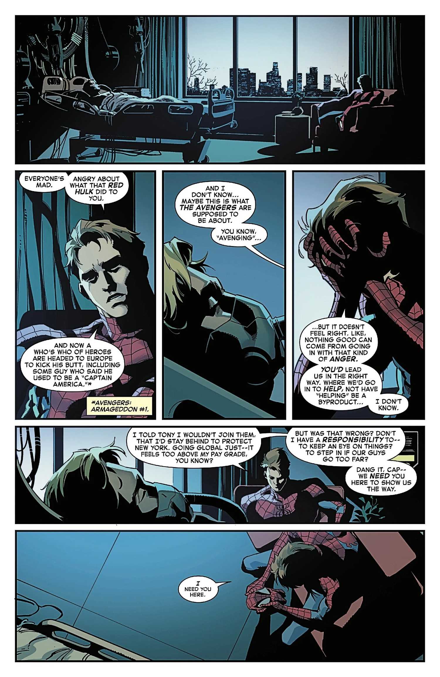 Captain America #13, Spider-Man monologues to comatose Cap about his responsibilities