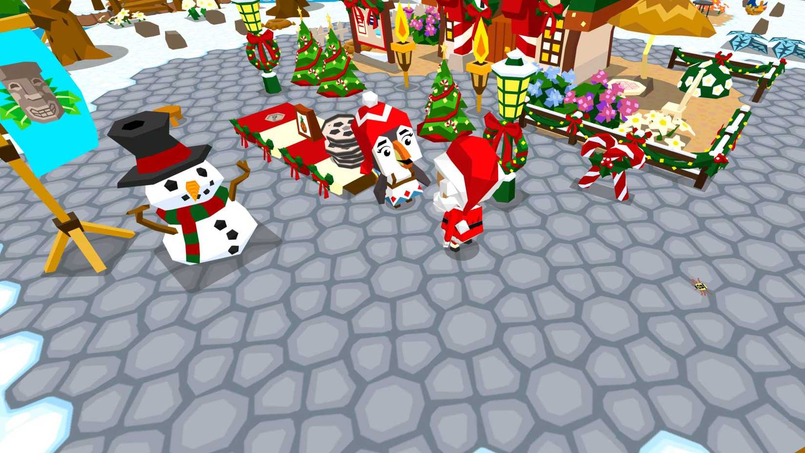 The player talking to a penguin in Castaway Paradise.