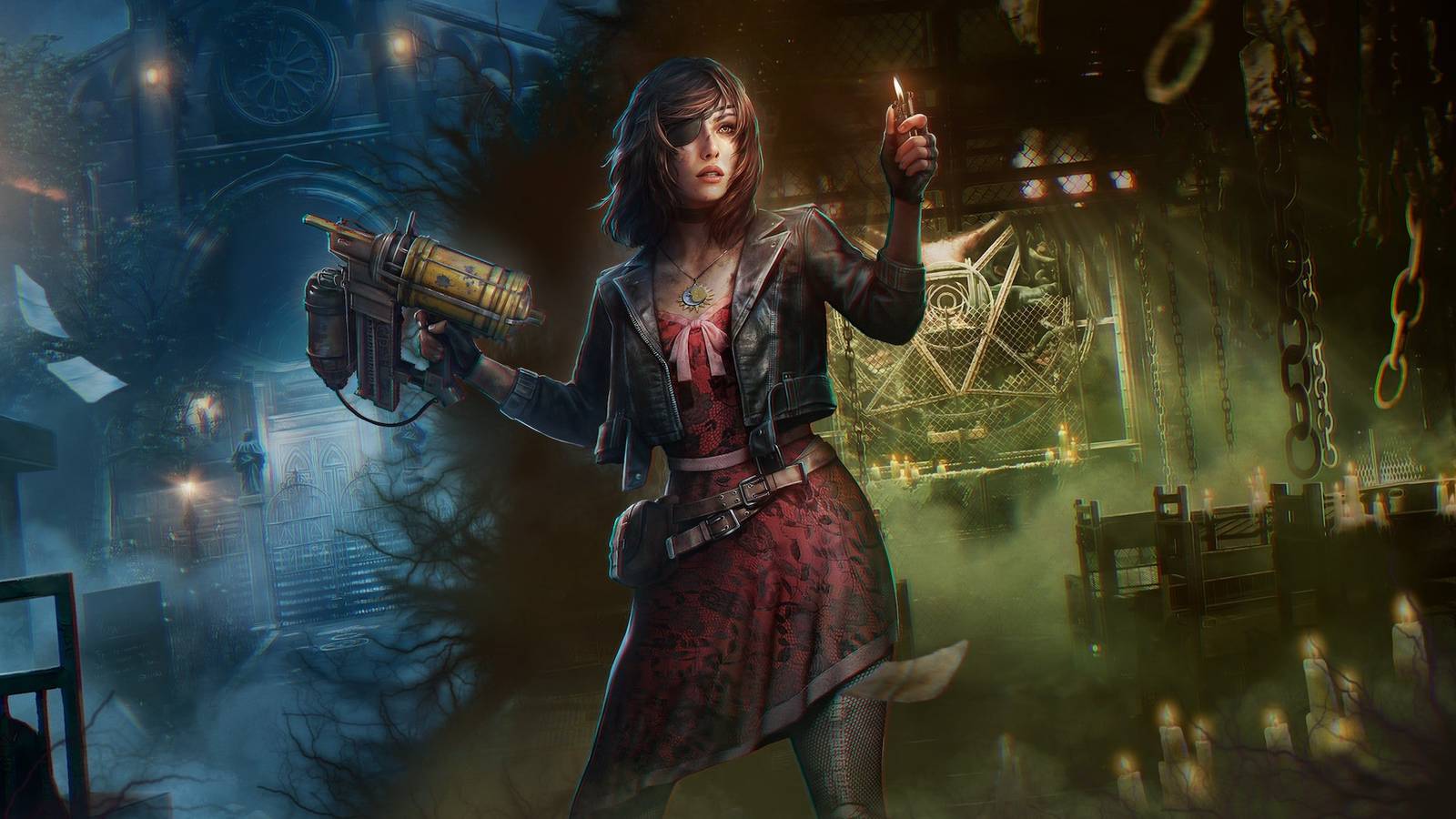 Caroline Walker holding a lighter and strange-looking gun in a creepy hospital-like environment