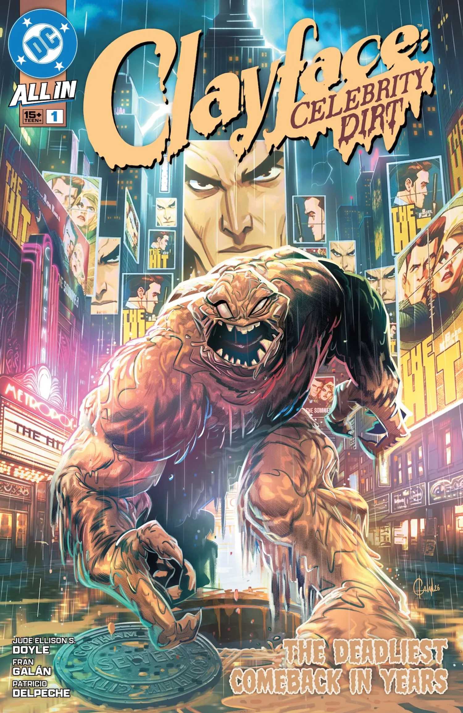 כריכת עפר של סלבריטאים CLAYFACE, המראה את הנבל המגיח מהביוב