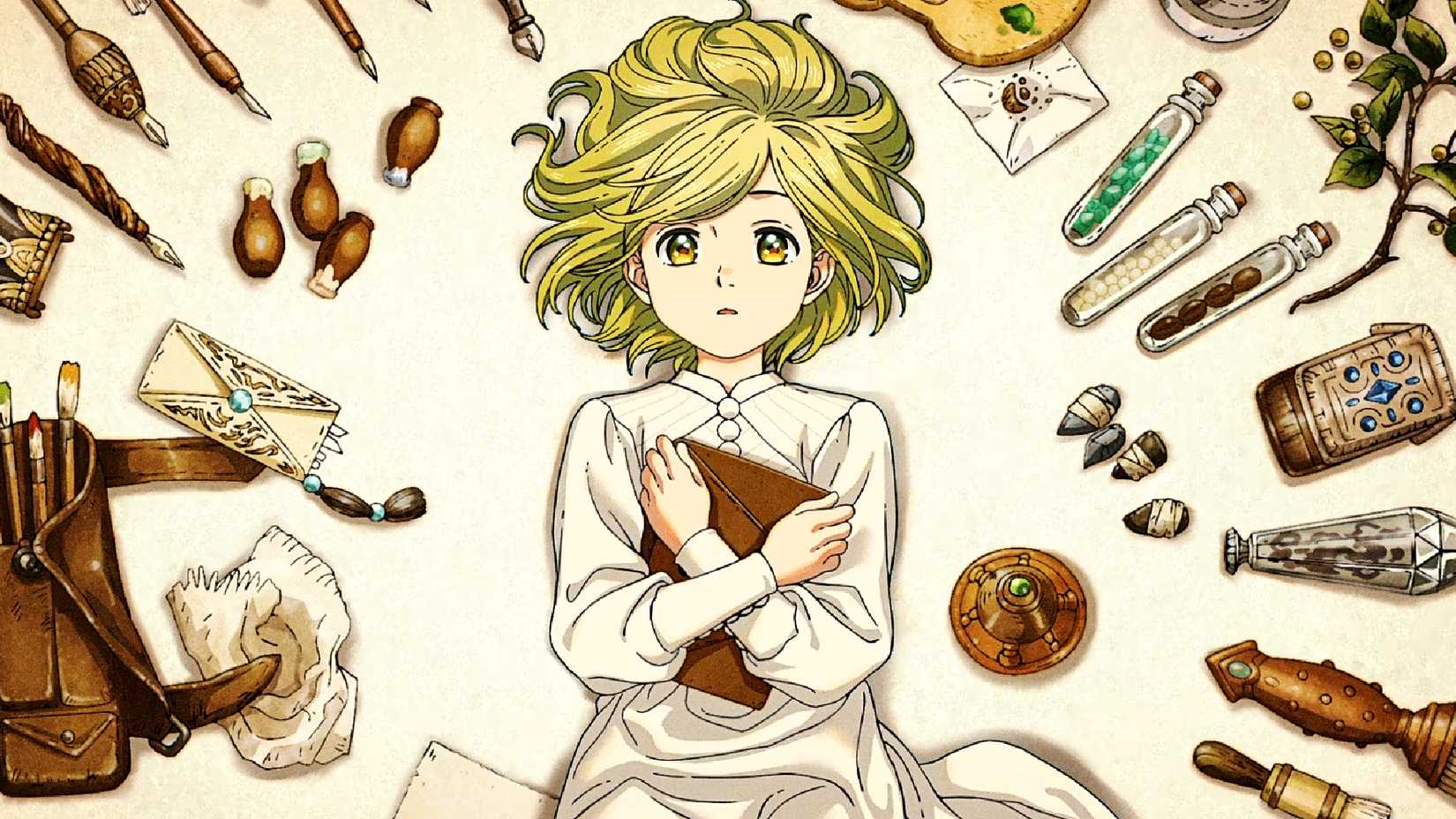 Coco is surrounded by magical objects in Witch Hat Atelier