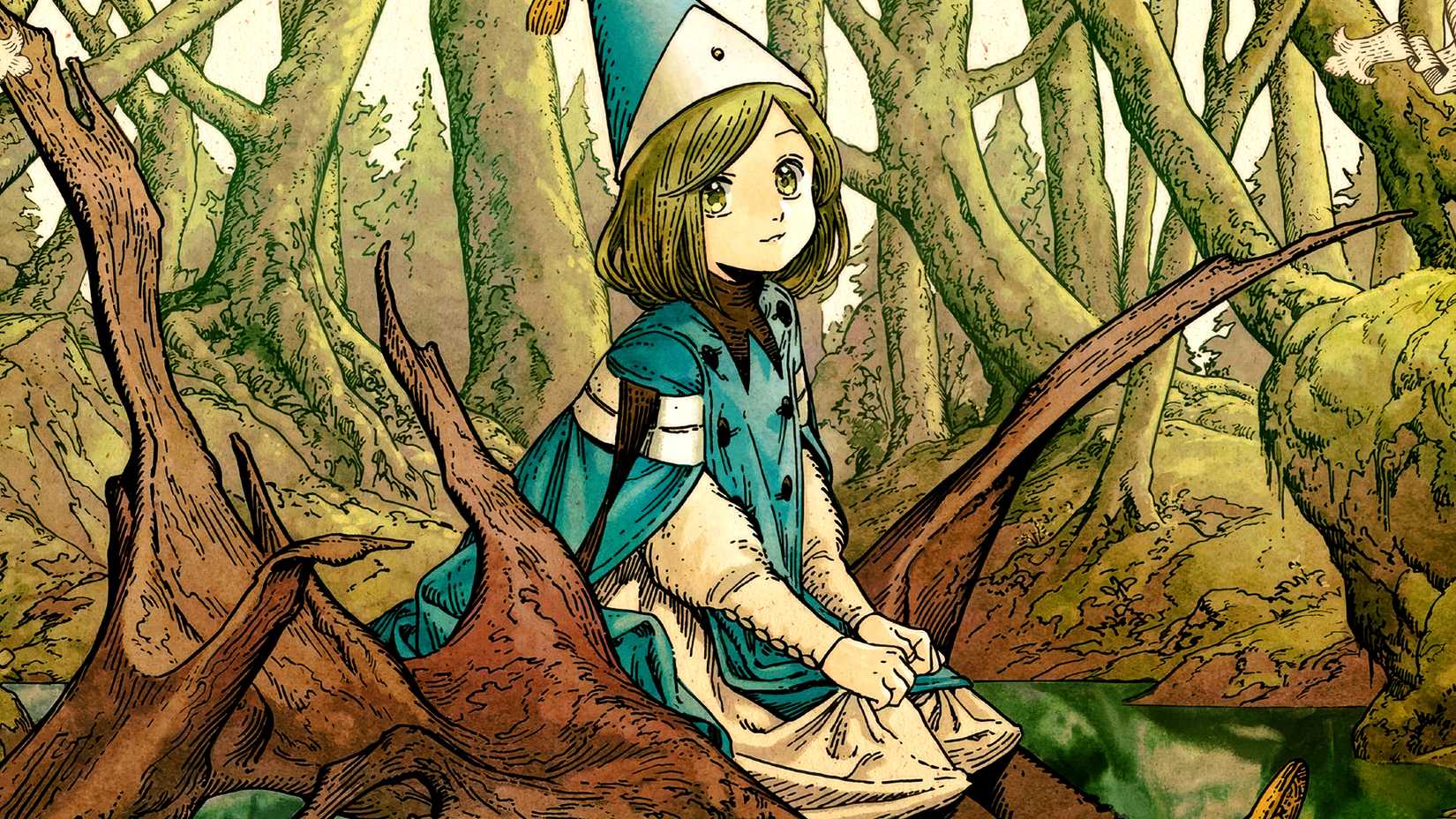 Coco sits on a branch in Witch Hat Atelier art