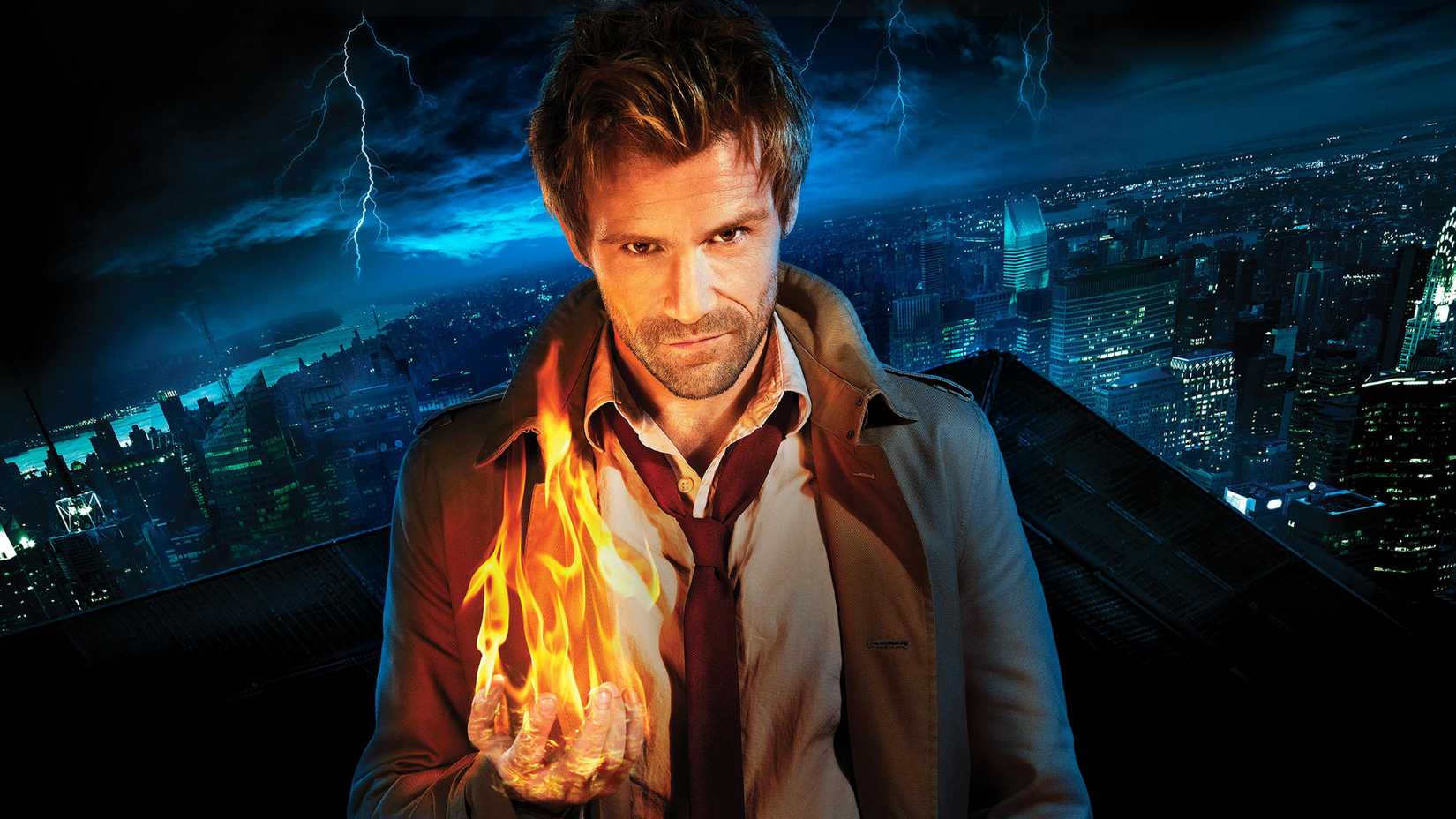 Constantine has a fireball in his hand with lightning in the background on the poster of Constantine TV show