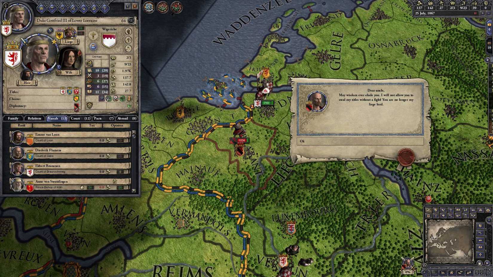 The map in Crusader Kings 2 with the liege screen on the left.