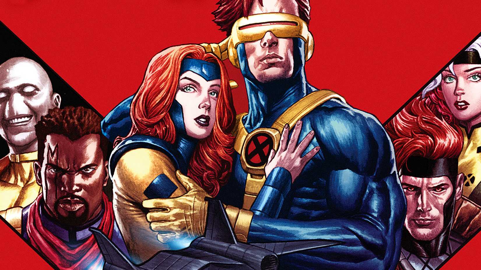 Cyclops hugs Jean Grey surrounded by X-Men