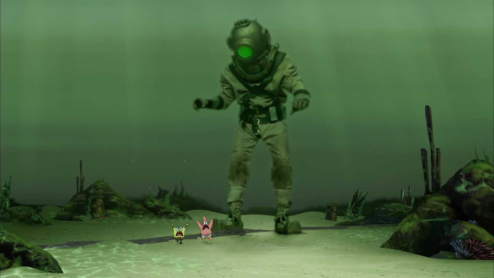 SpongeBob and Patrick scream and run from a scuba diver in The SpongeBob SquarePants Movie 