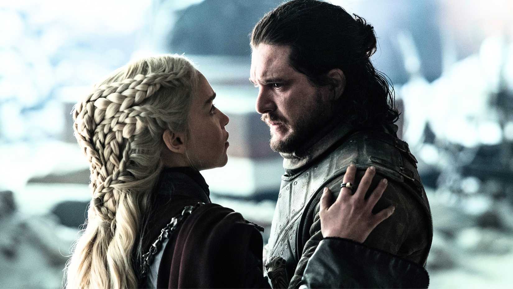 Daenerys embracing Jon Snow in Game of Thrones