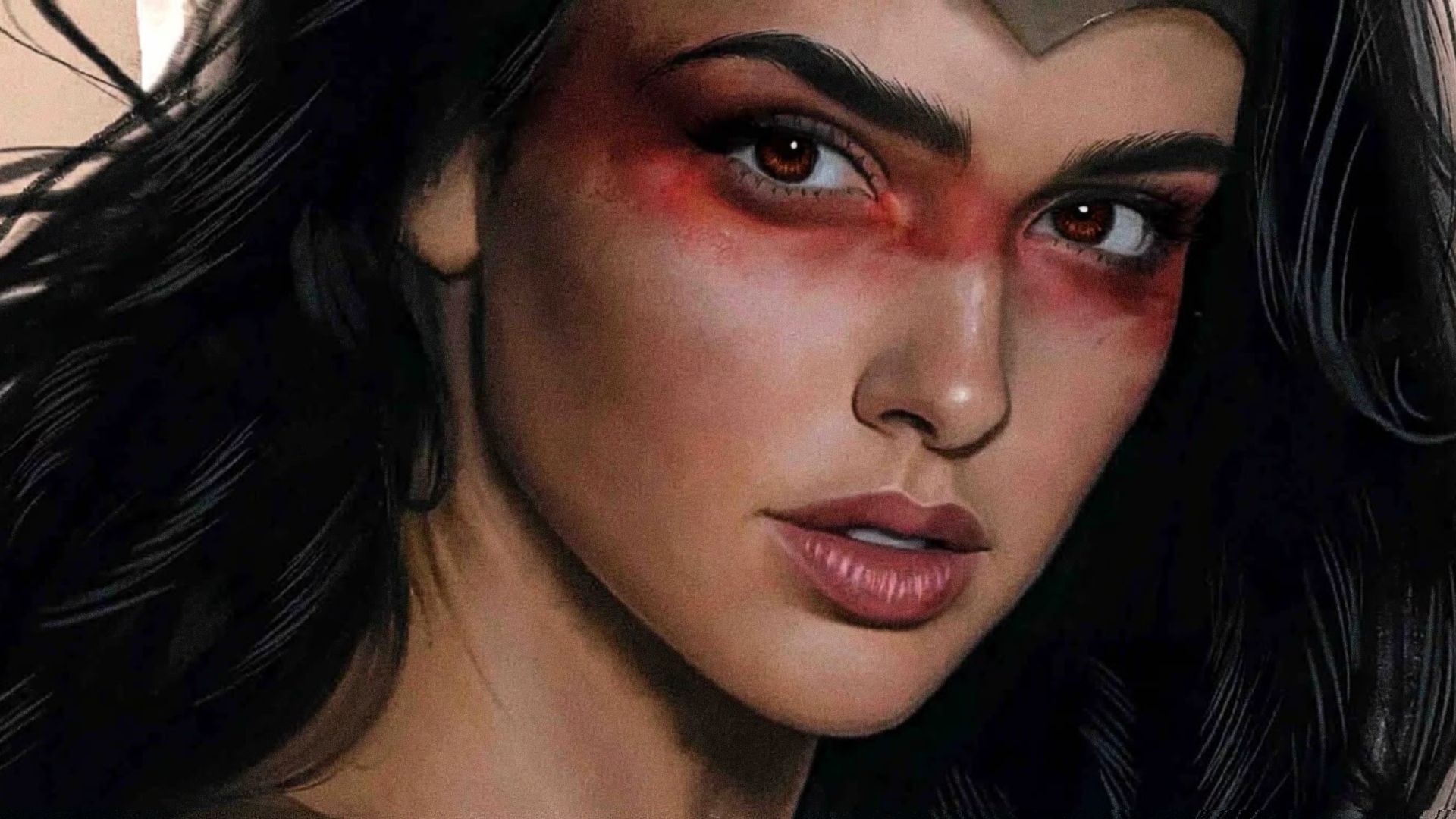 DC's Absolute Wonder Woman looks at the camera wearing red make-up around her eyes