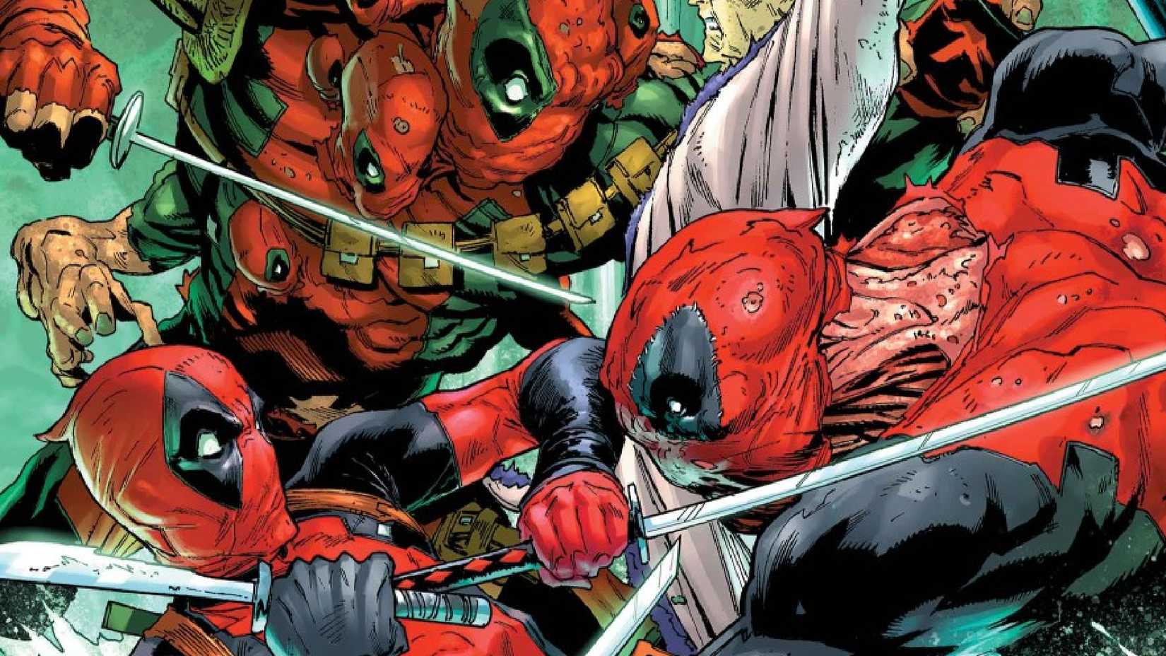 deadpool battling the badpools created by his healing factor