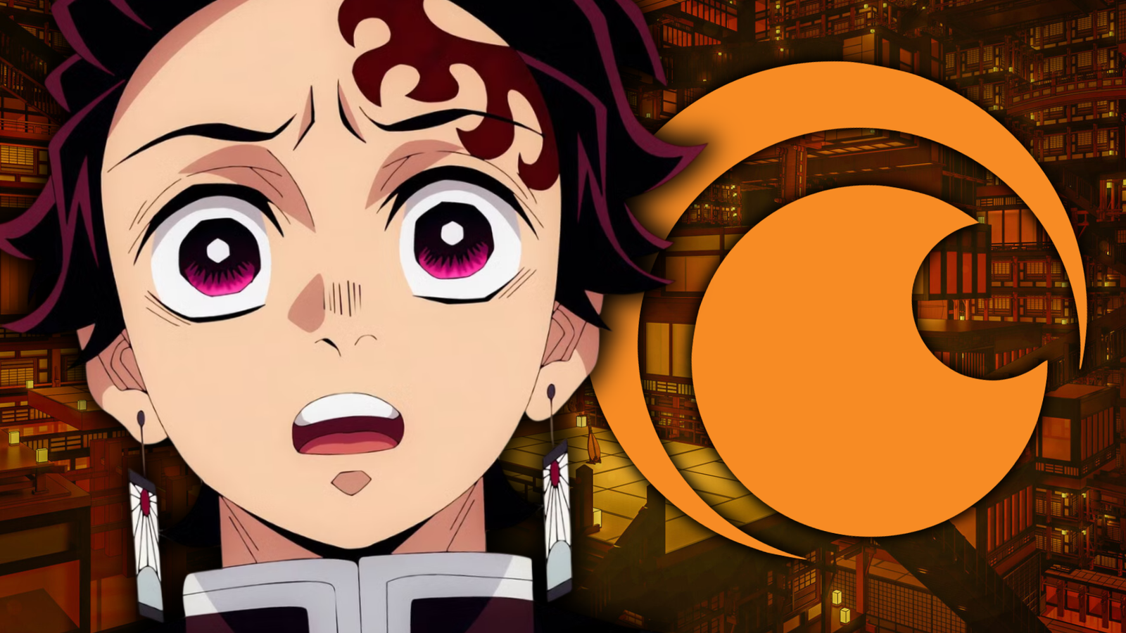 Demon Slayer Infinity Castle Tanjiro looking shocked next to the Crunchyroll logo - Anime Featured Image