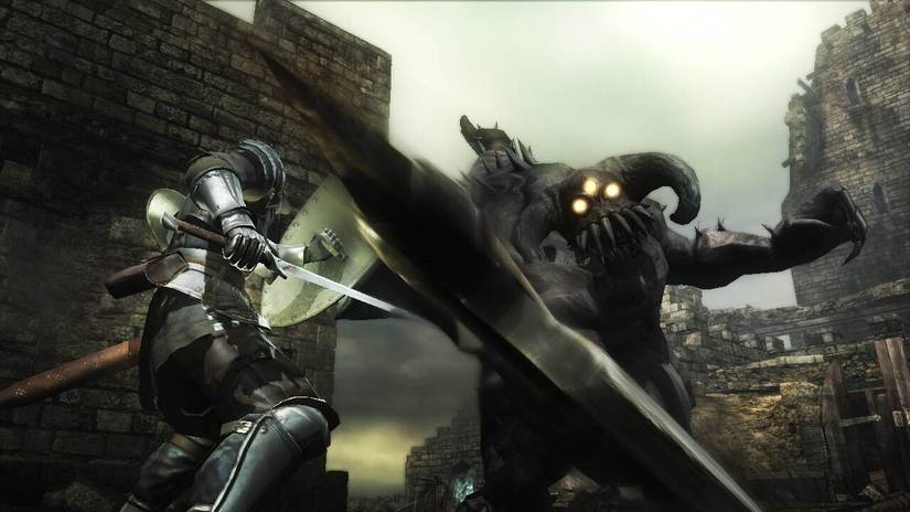 A knight fighting a three-eyed monster swinging an axe.