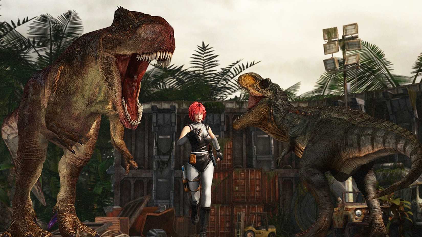 Dino Crisis protagonist running from two dinosaurs