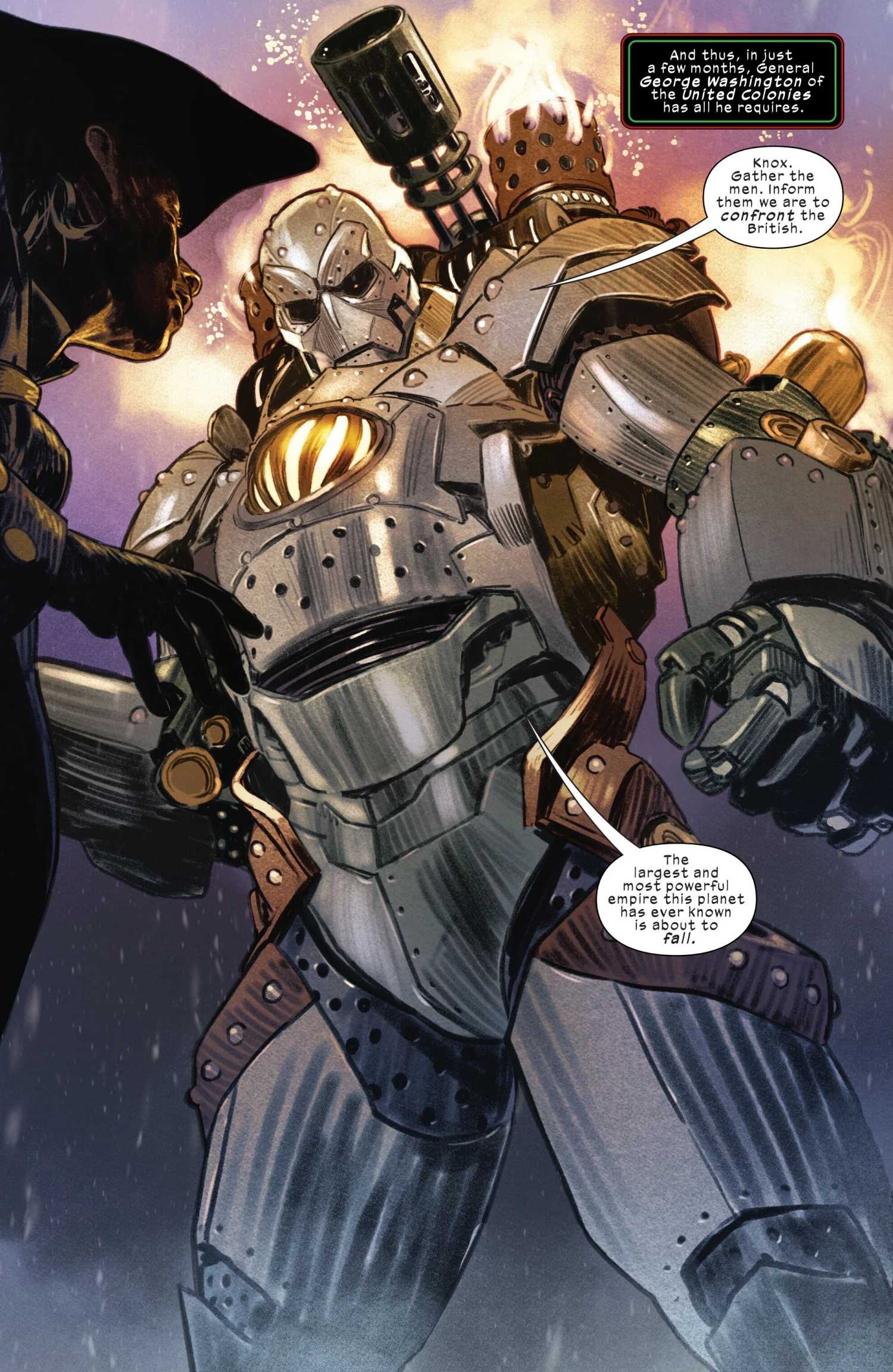 Doctor Doom reveals his George Washington suit of armor in Doomquest #3