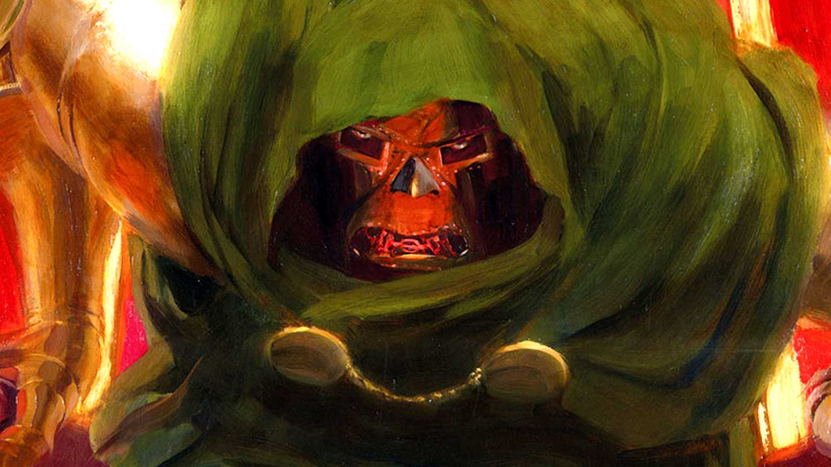 Doctor Doom sits on his throne in Books of Doom comic cover