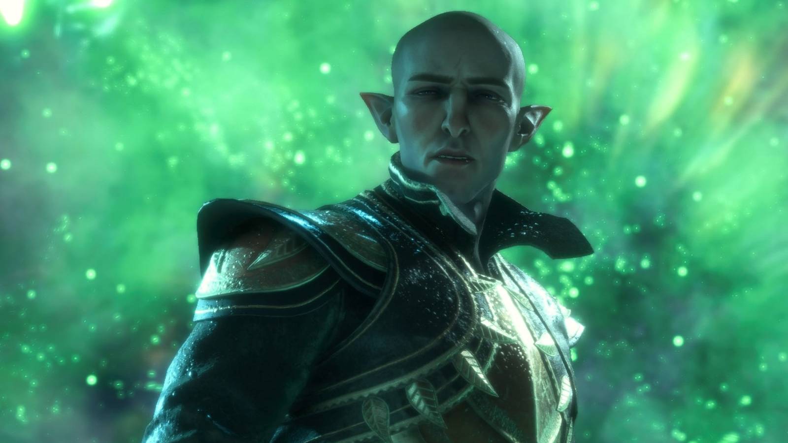 Solas with the green miasma of the Fade behind him.