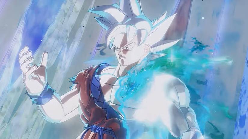 Goku Ultra Supervillain Quelled looks at his hand in Dragon Ball Xenoverse 2.