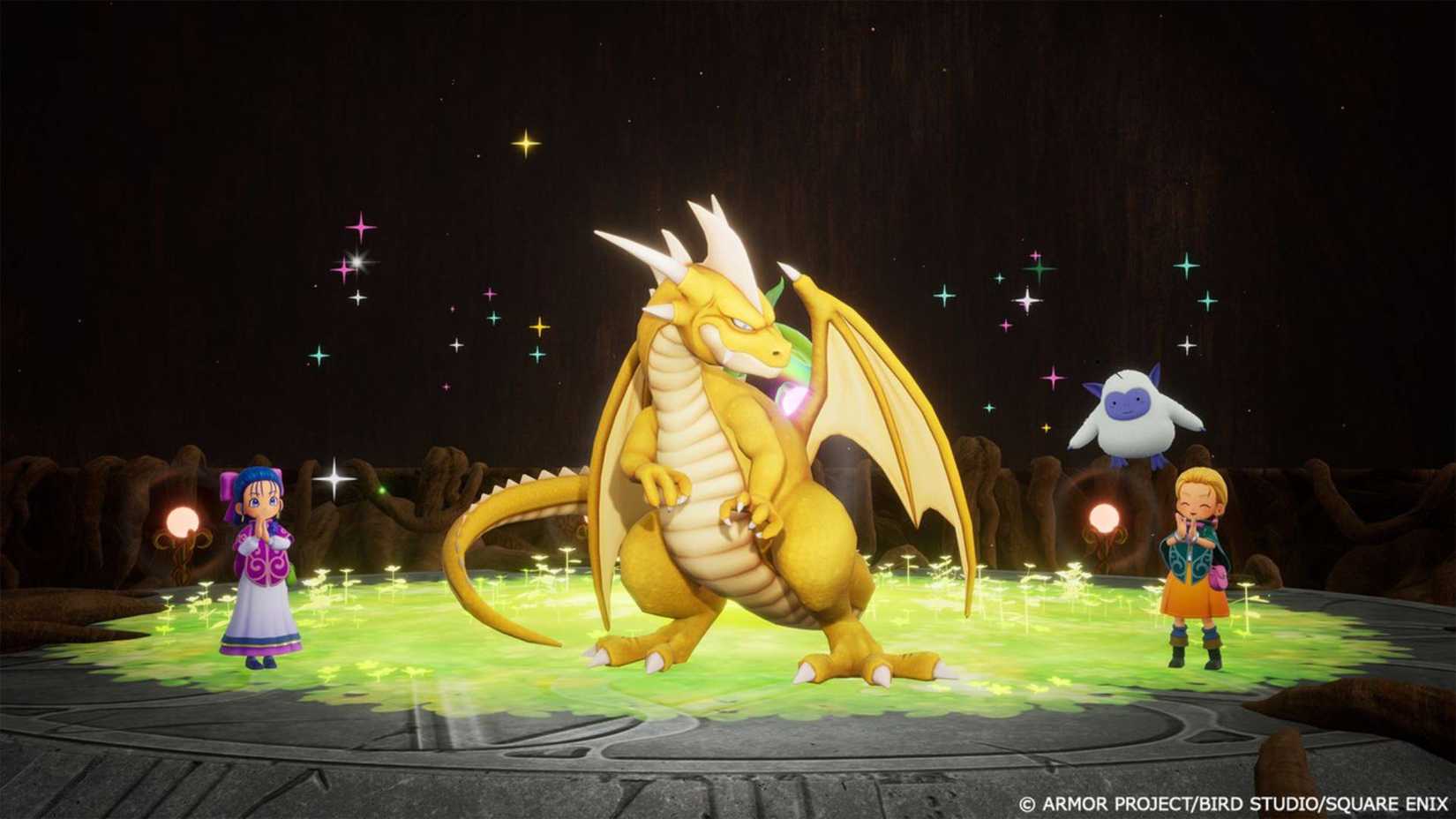 The protagonists of Dragon Quest Monsters: The Withered World synthesizing a Yellow Dragon.