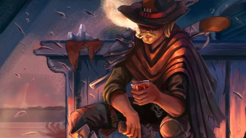 A Gunslinger Class character from Dungeons and Dragons sits on a bench holding a drink.