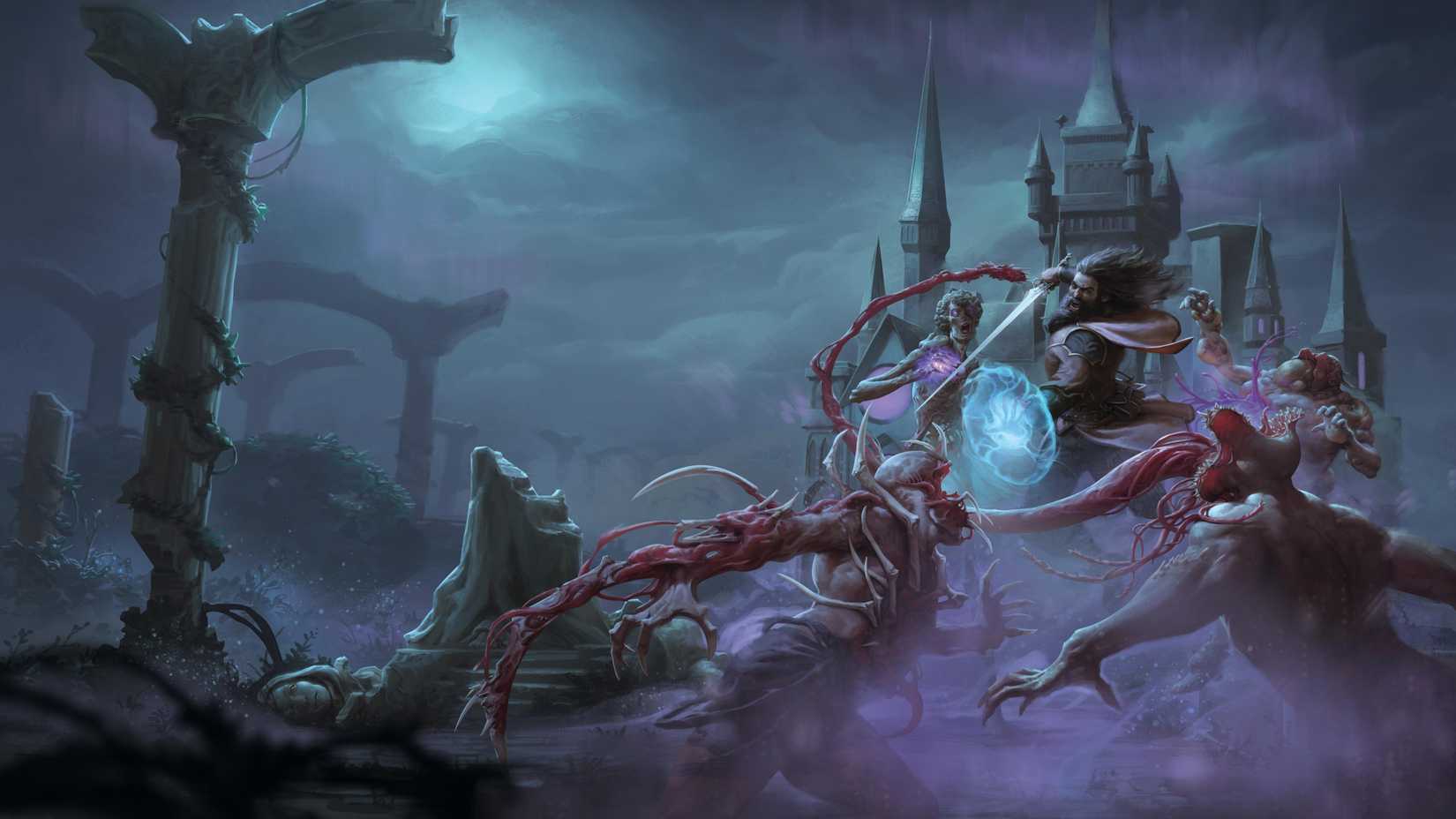 A character fights undead creatures in front of a castle in Dungeons of Drakkenheim.