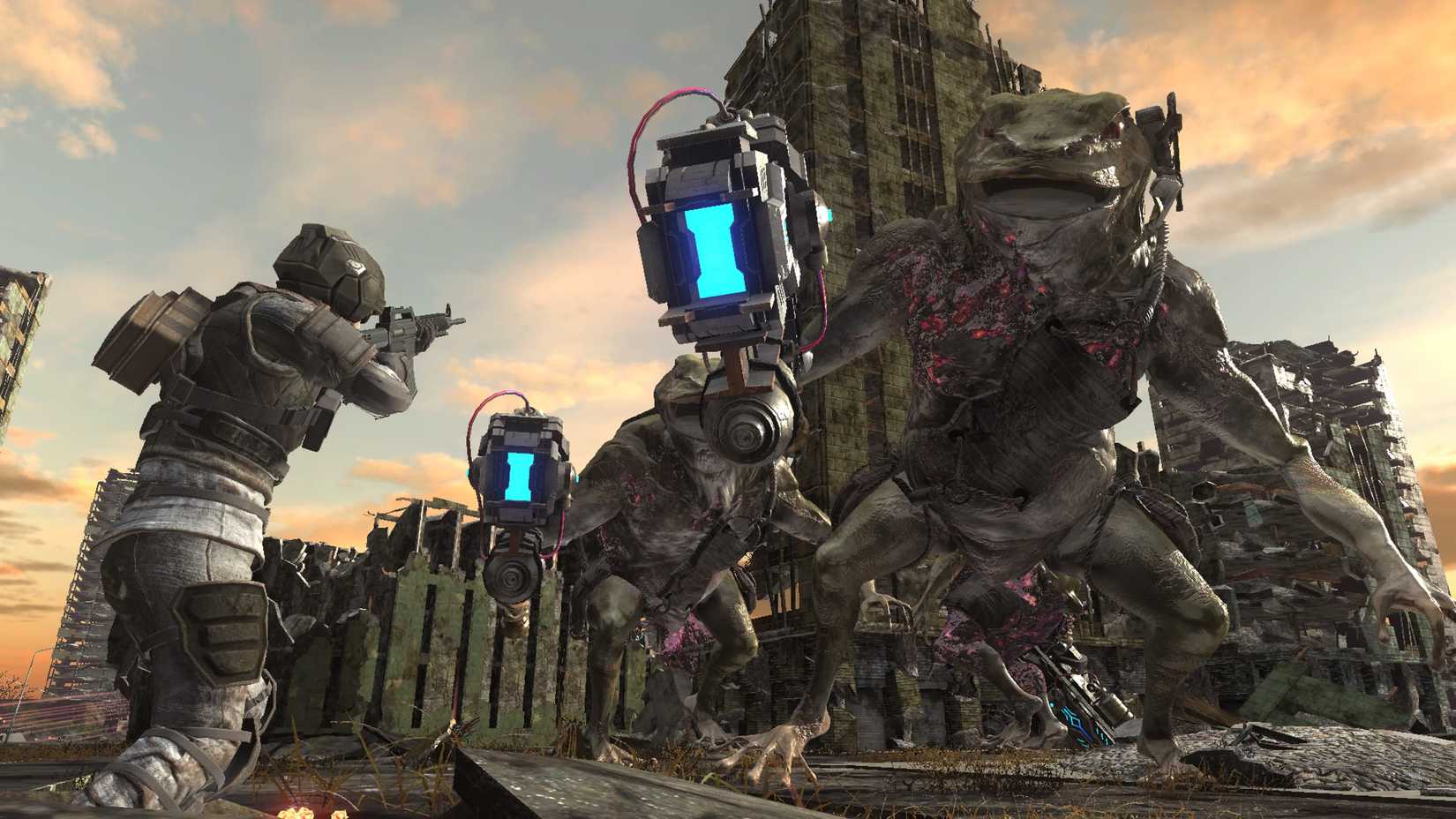 A soldier faces massive monsters in Earth Defense Force 6.