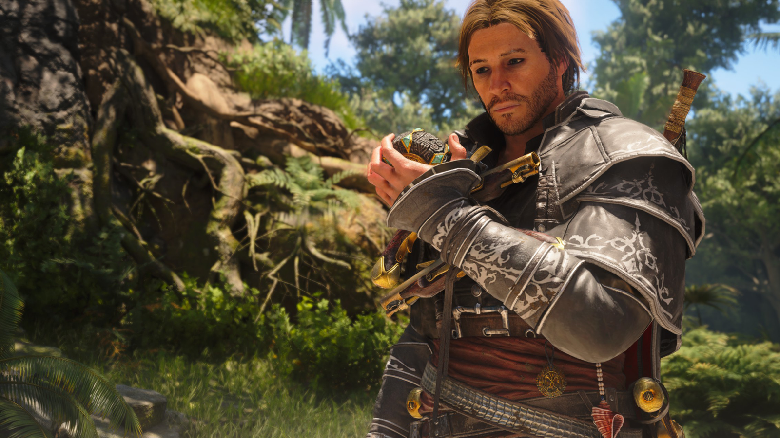 Edward holding a Mayan Stone in Black Flag Resynced