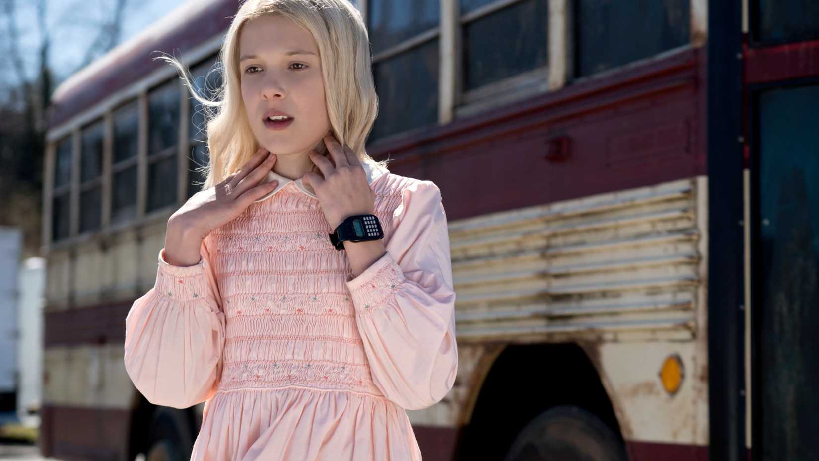 Eleven (Millie Bobby Brown) in her blond wig in Stranger Things season 1