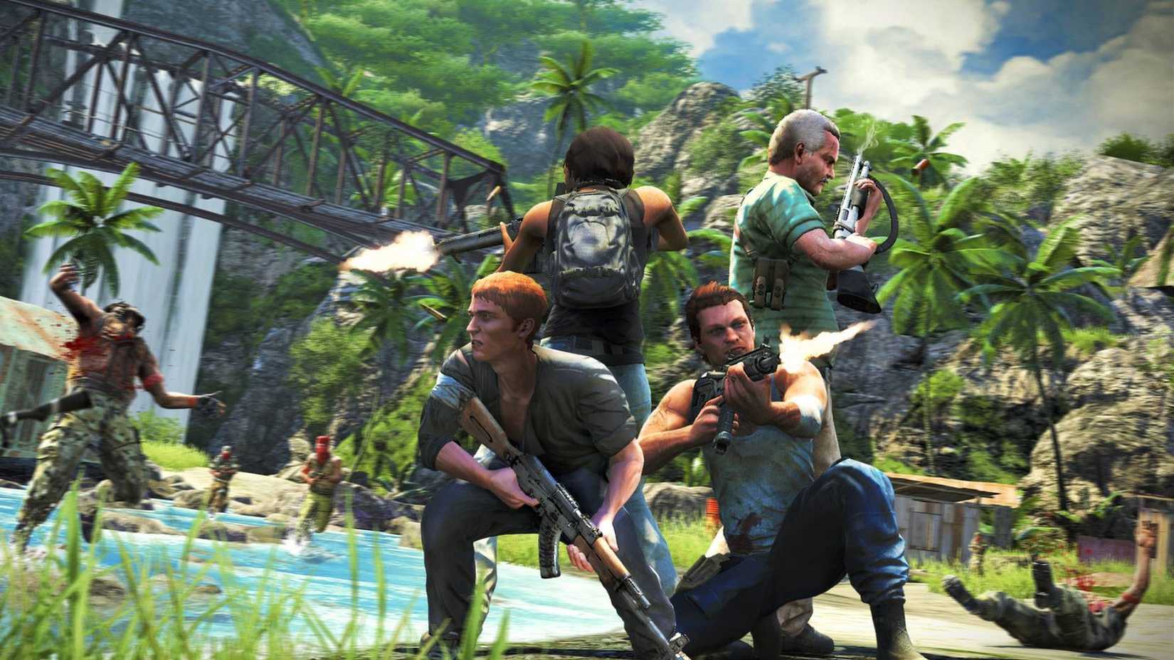A group of people stood in a circle shooting enemies in Far Cry 3.