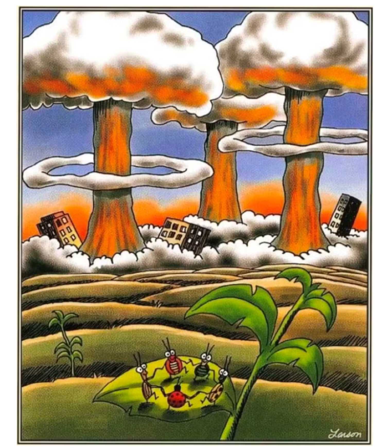 far side comics of bugs celebrating nucelar war