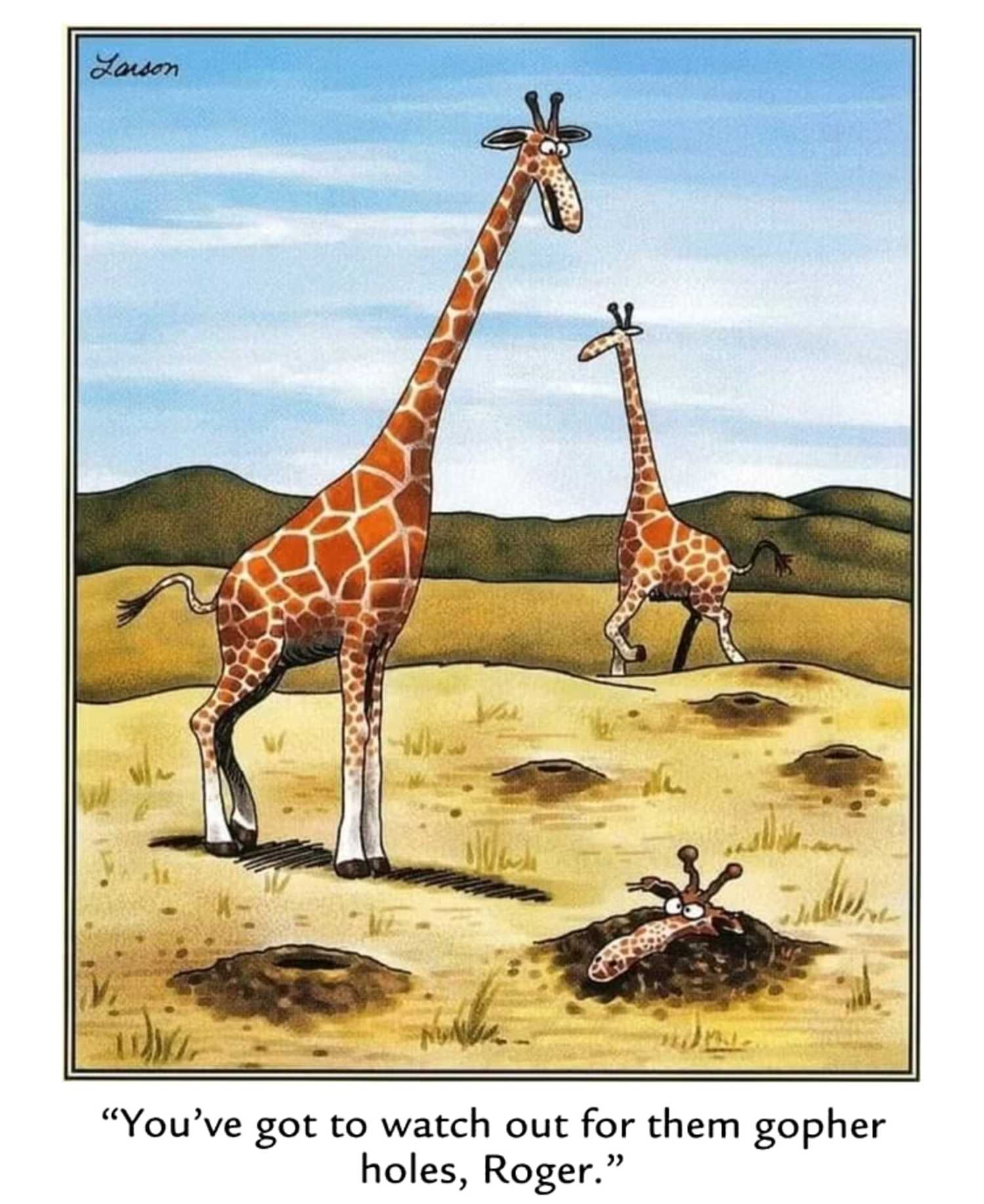 far side giraffe comic where a giraffe has fallen down a gopher hole