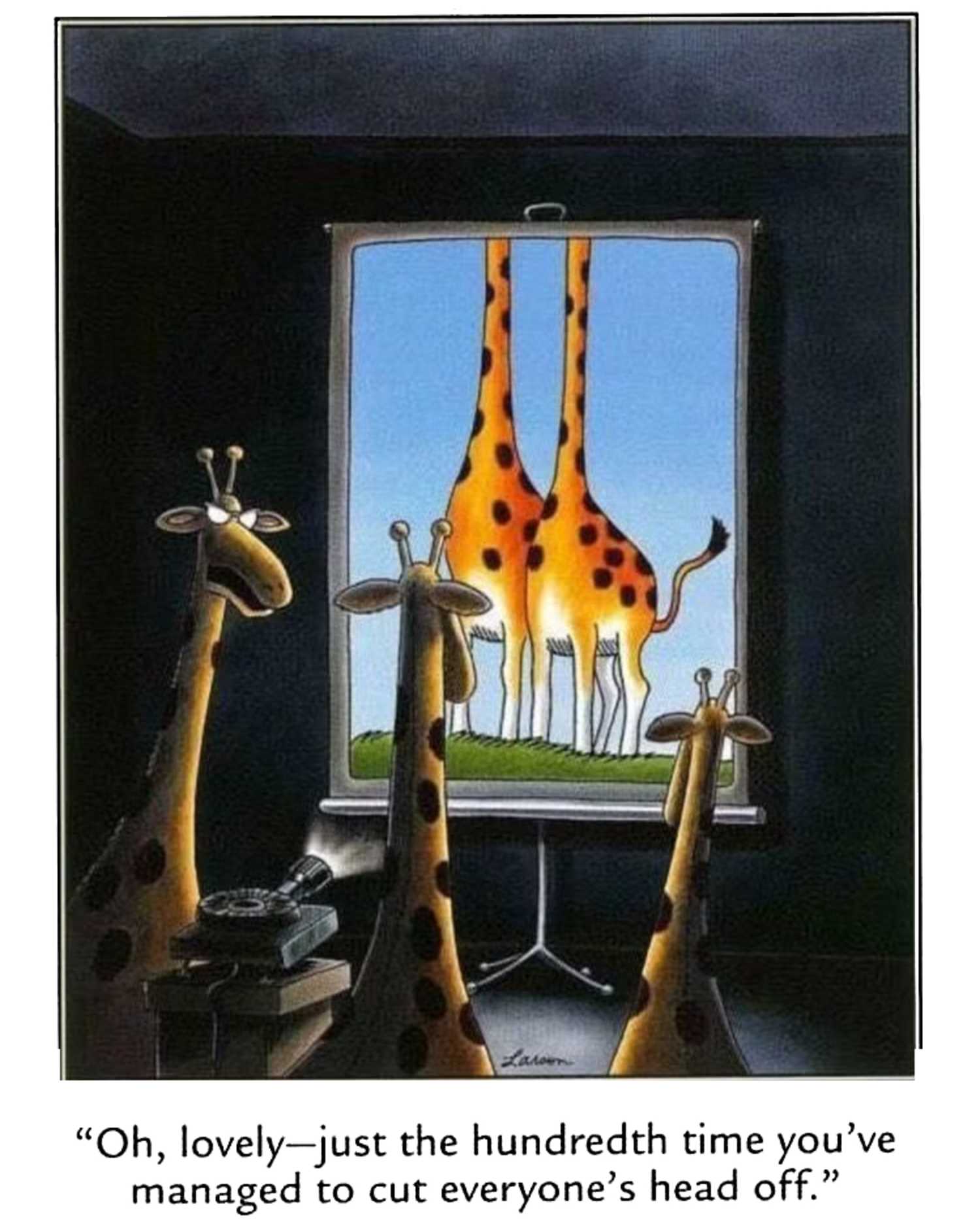 far side giraffe comic with family photographs