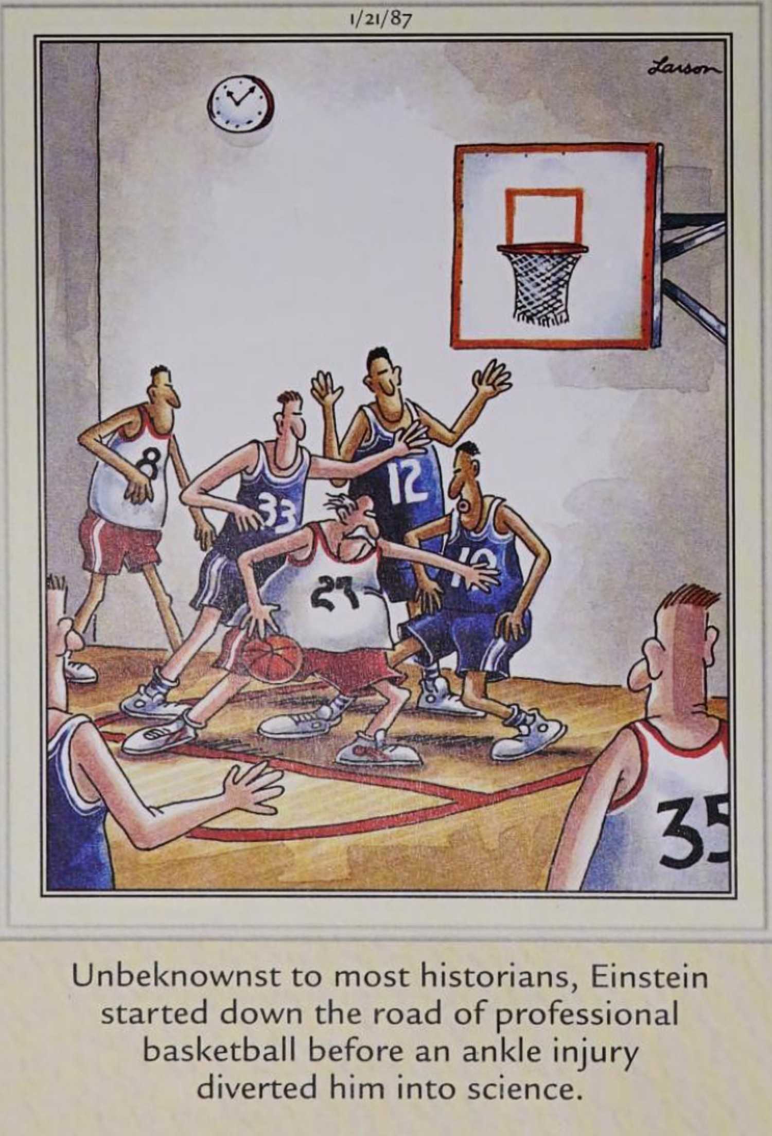 Far Side, January 21, 1987, Einstein playing basketball