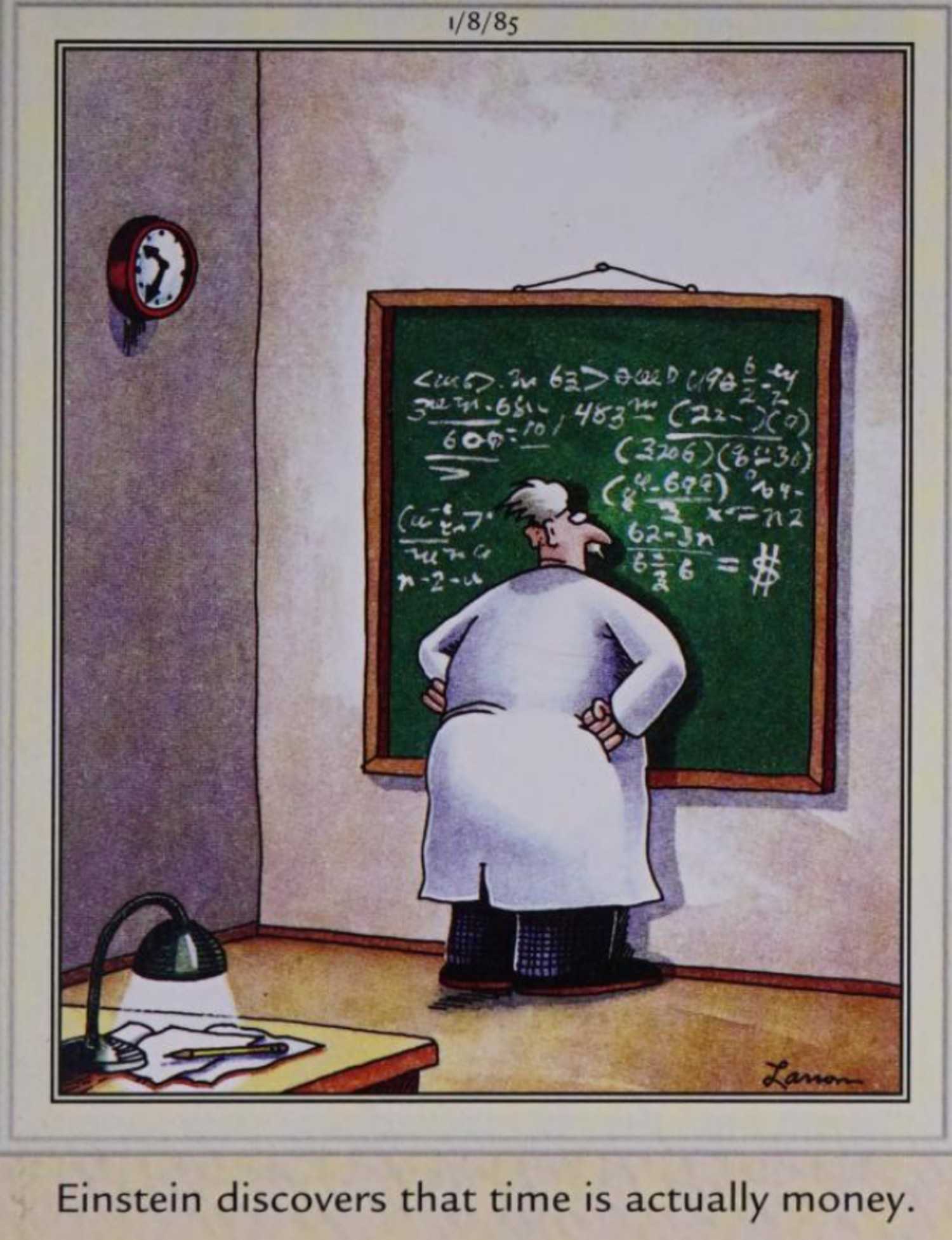 Far Side, January 8, 1985, Einstein discovers time is money