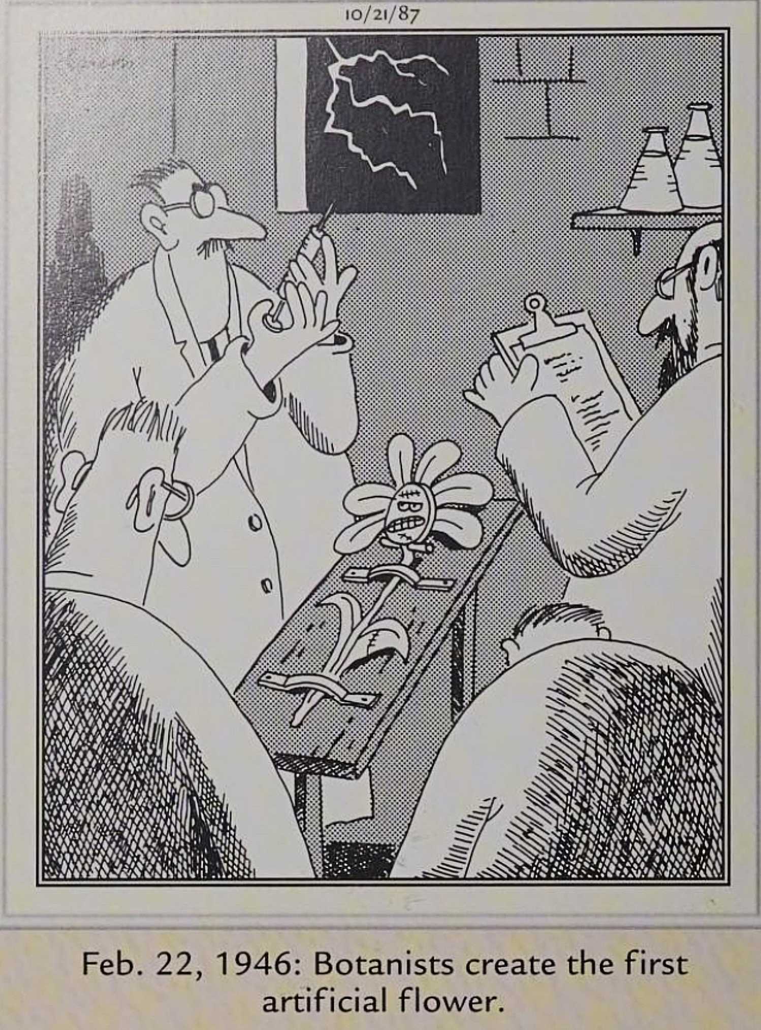 Far Side, October 21, 1987, 'the first artificial flower'
