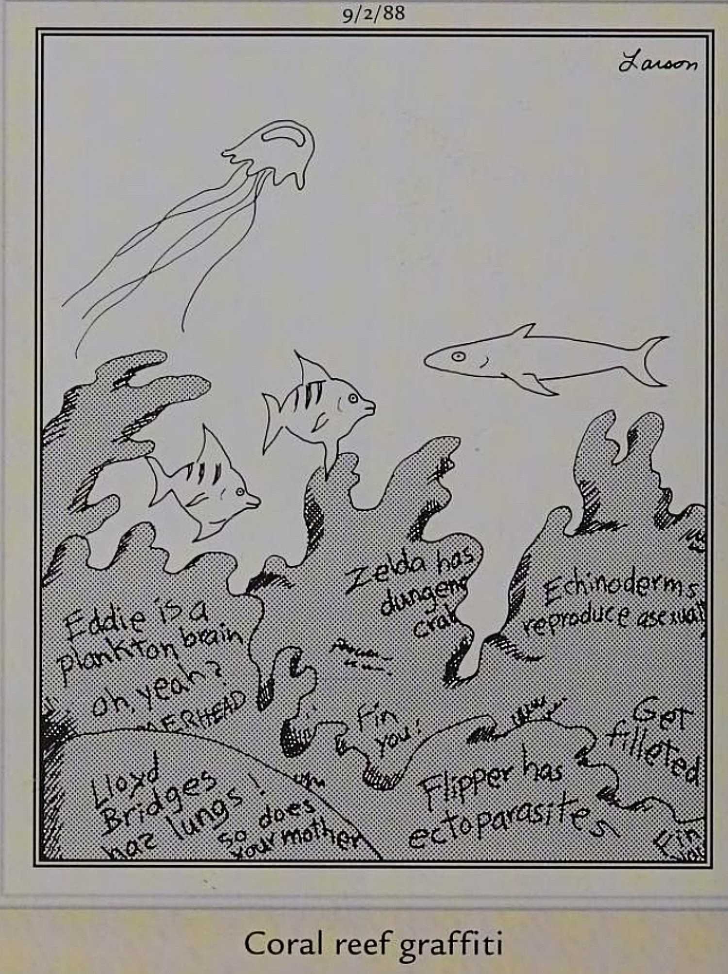 Far Side, September 2, 1988, 'coral reef graffiti'