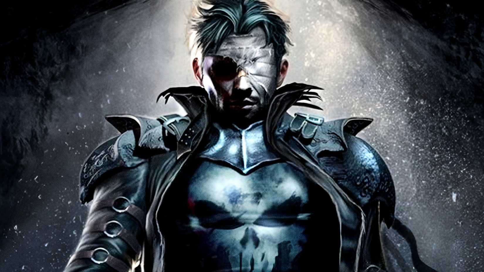 Frank Castle wears a gothic version of his Punisher costume with bandages and an eyepatch