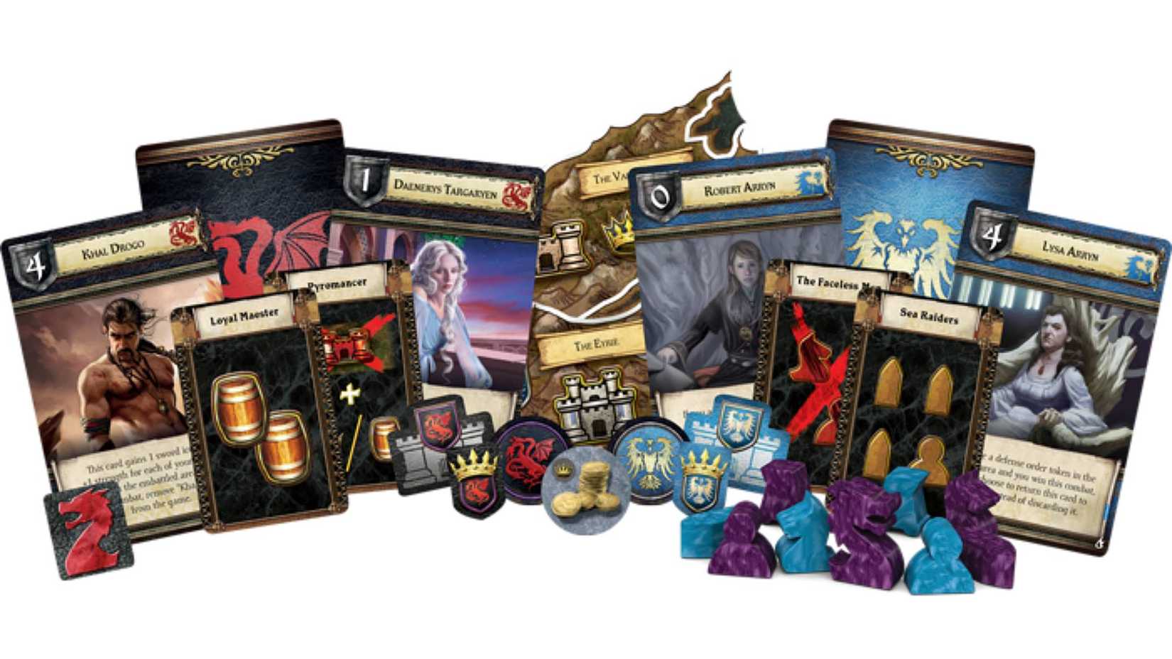 Cards and pieces from the Game of Thrones: Mother of Dragons expansion.
