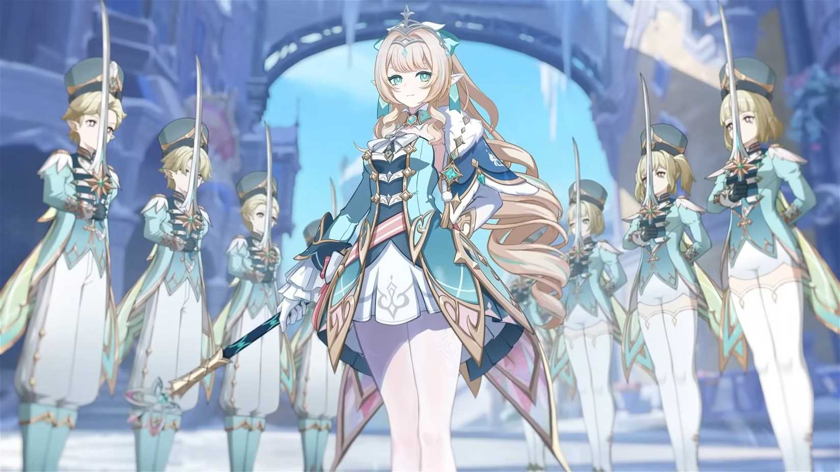 Vesna from Genshin Impact stands in Snezhnaya, surrounded by her troops.