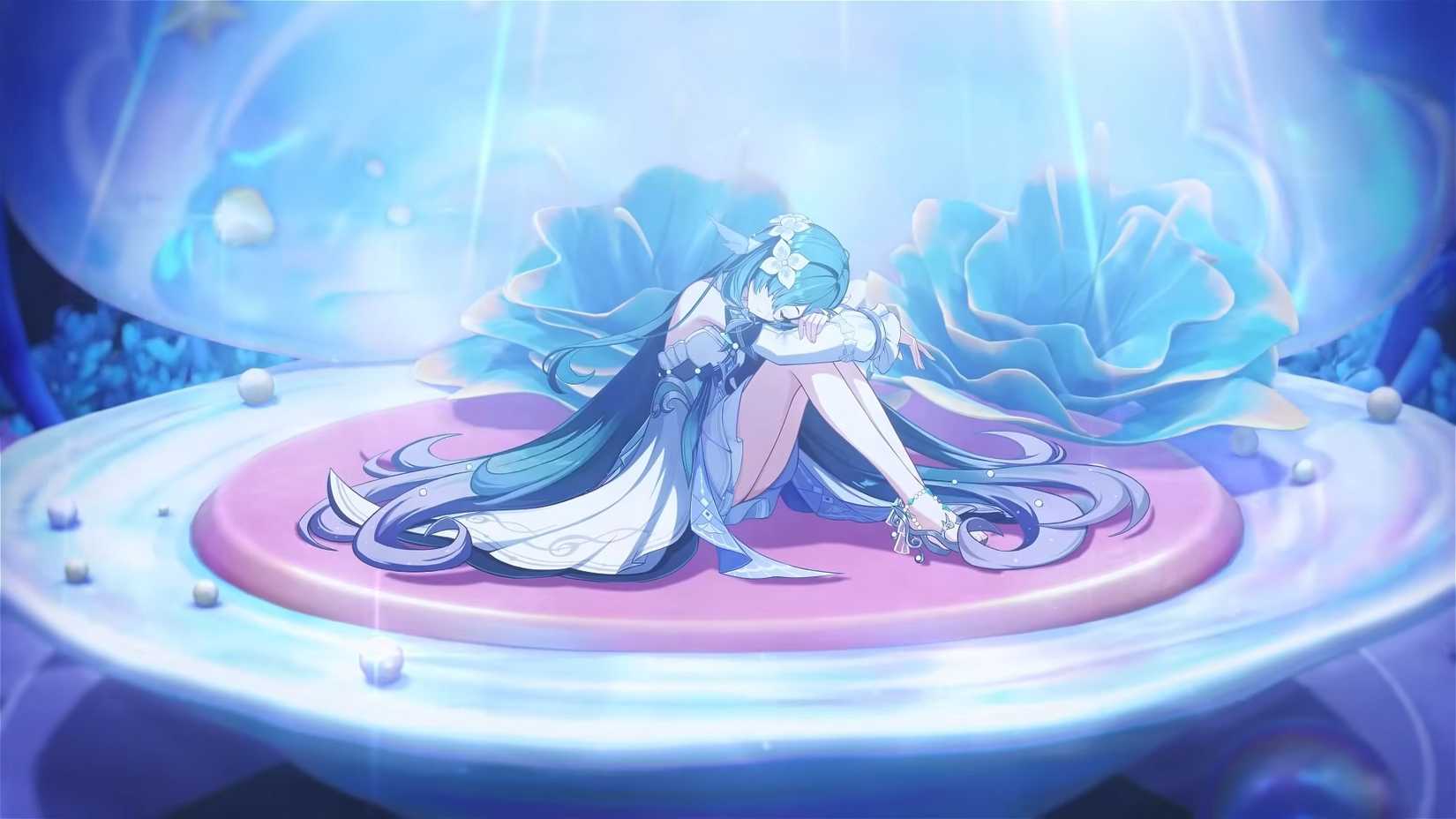 Vodyanitsa sits on the ground, under the spotlight, hugging her own legs in Genshin Impact.