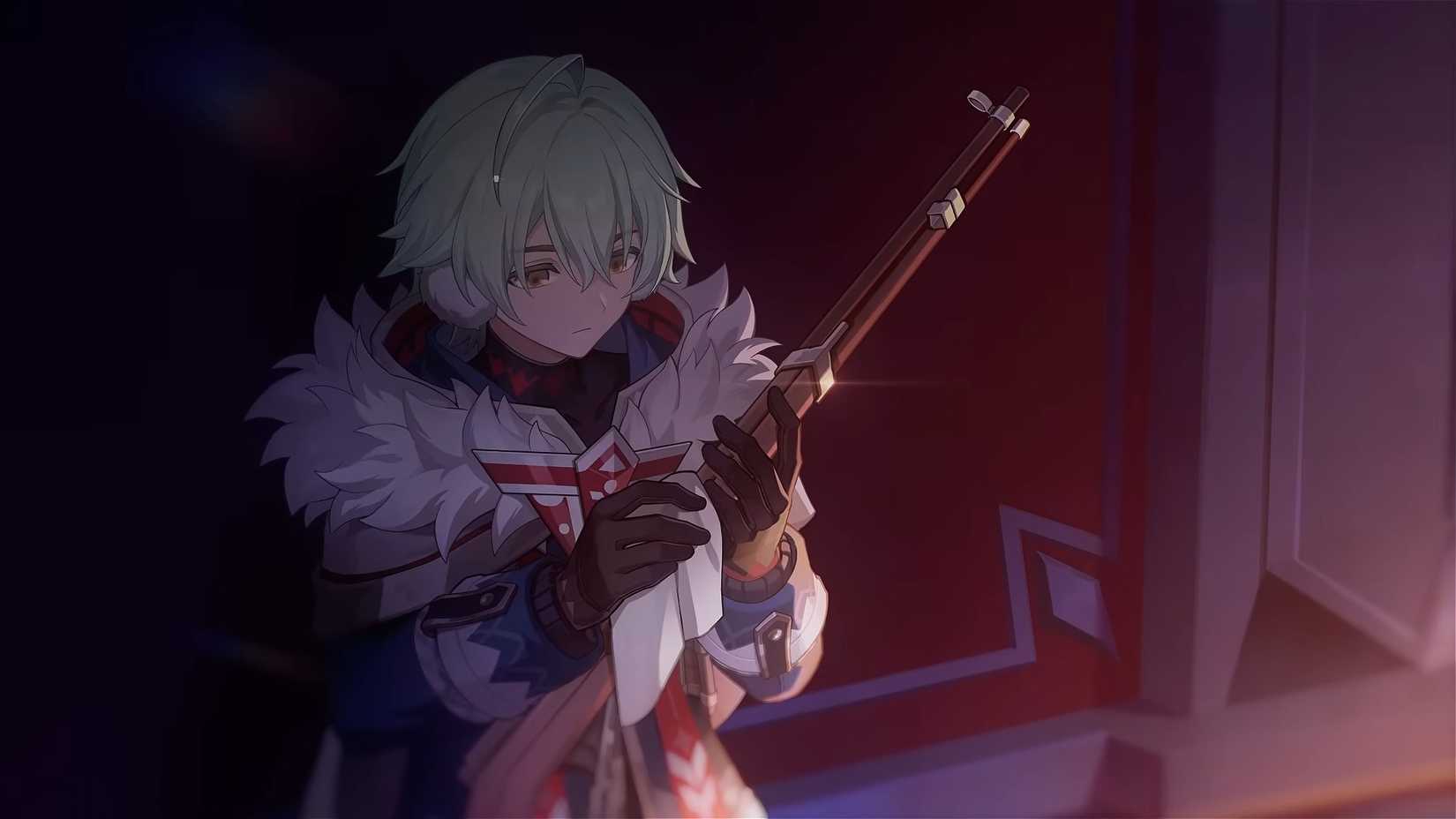 Genshin Impact's Alyosha cleans his rifle.
