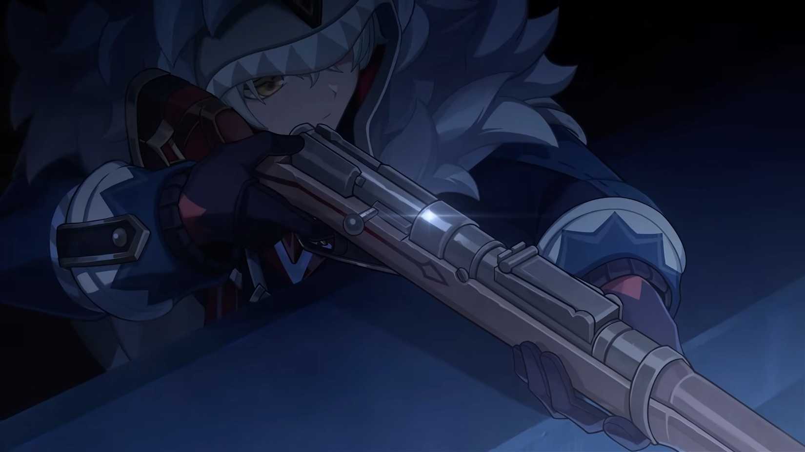 Genshin Impact's Alyosha aims his sniper rifle.