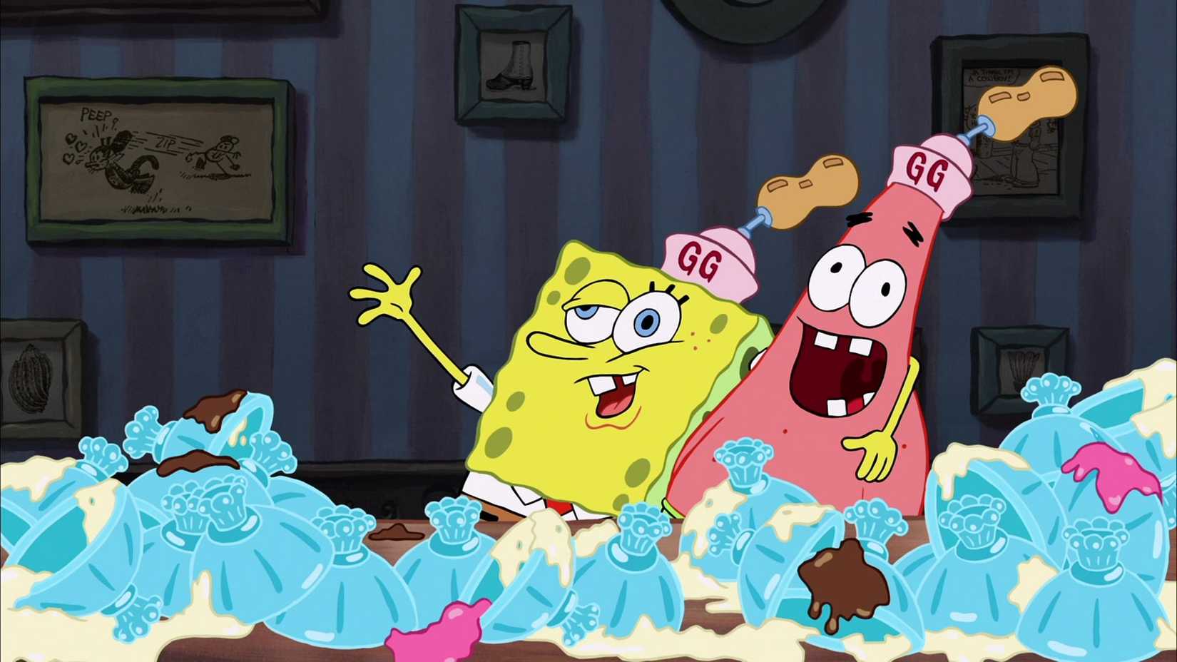 SpongeBob and Patrick sit at the Goofy Boober counter surrounded by empty ice cream bowls in The SpongeBob SquarePants Movie 