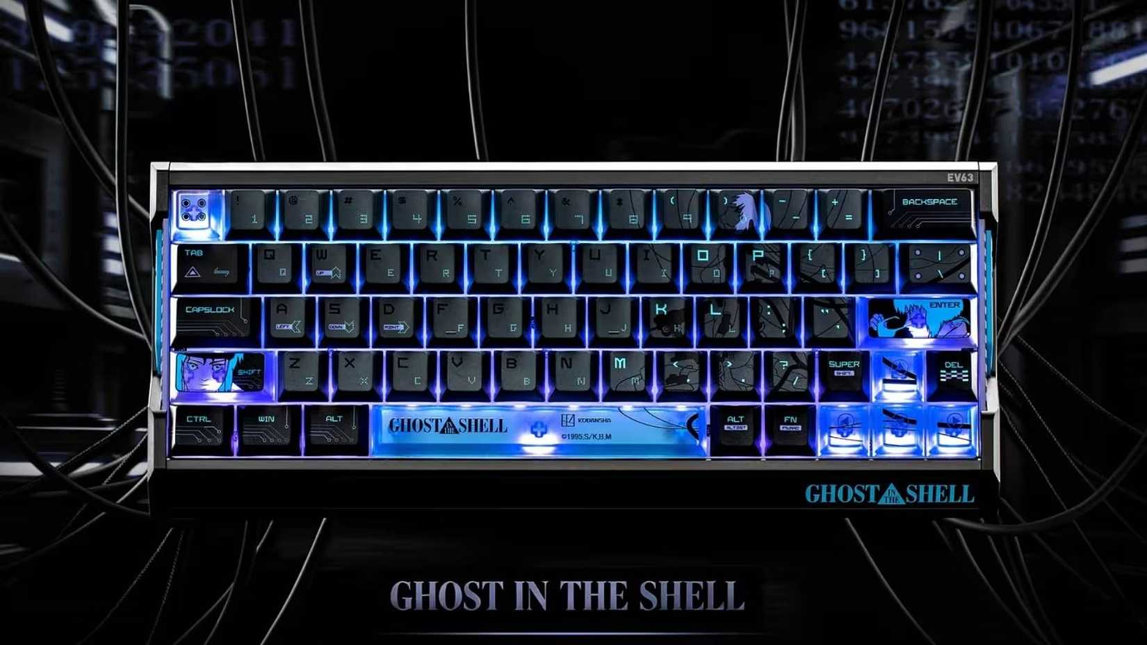 The front of the Cyber Blue Ghost in the Shell IQUNIX keyboard.