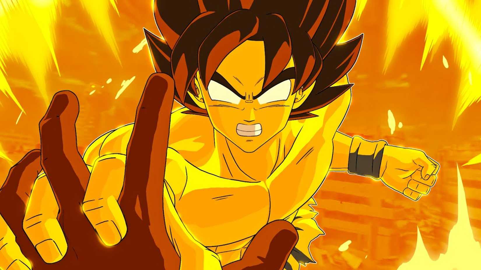 Goku using his False Super Saiyan form with an angry expression on his face in Dragon Ball: Sparking! Zero.