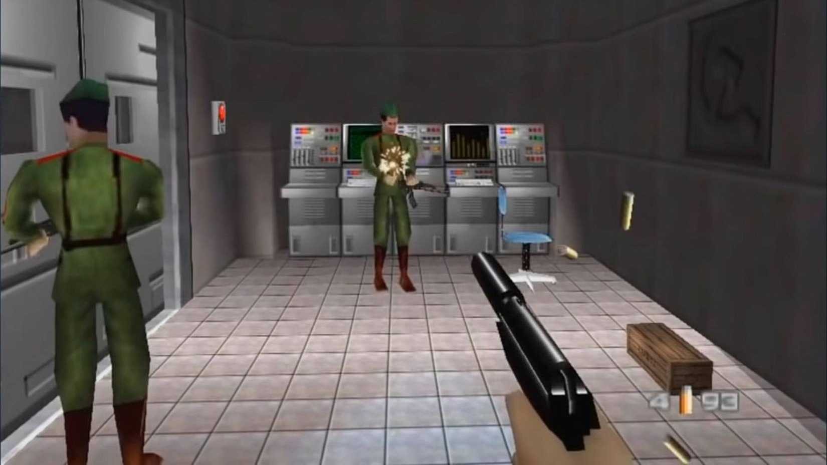 The player shooting Russian soldiers in a bathroom in GoldenEye 007.