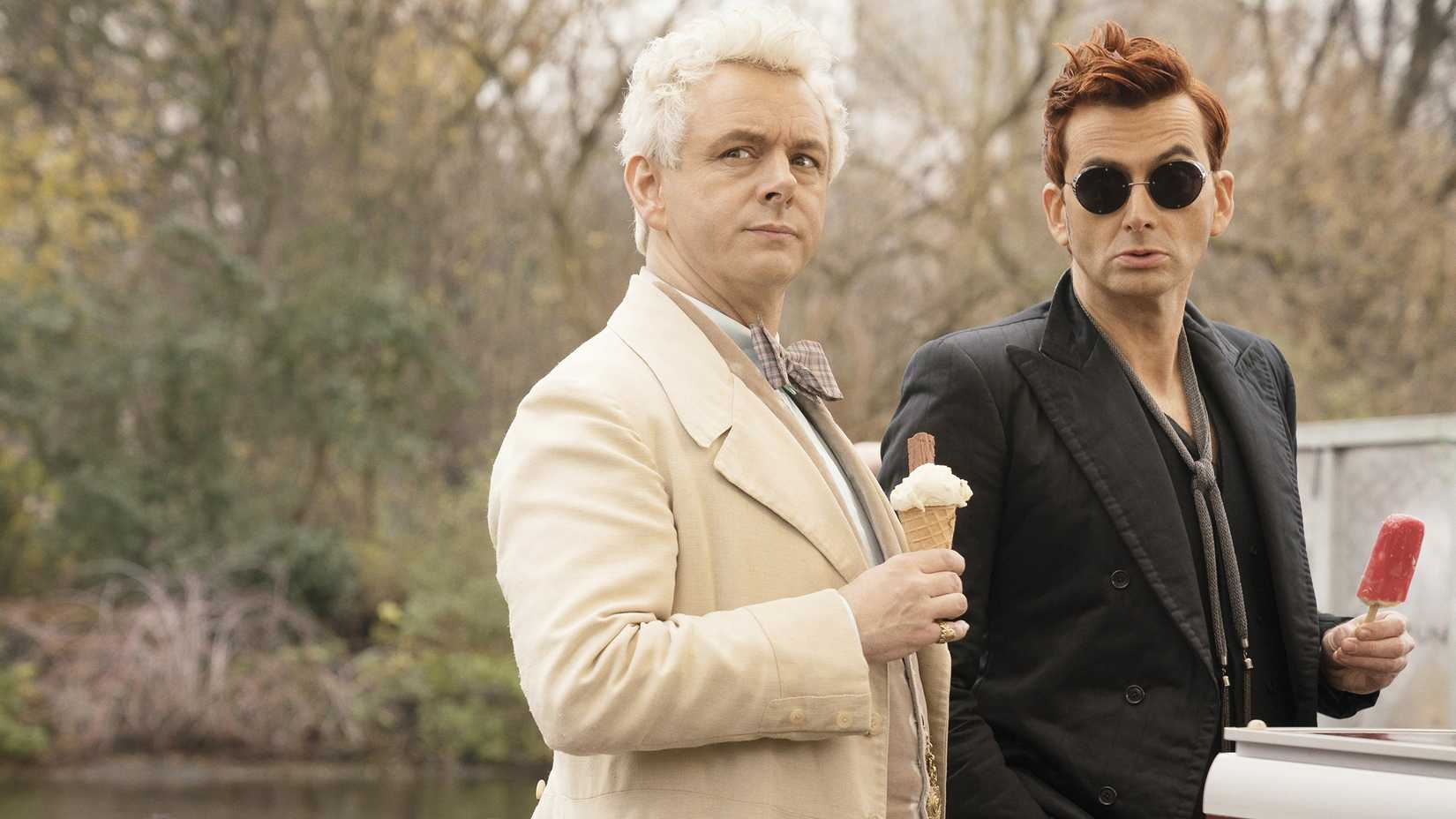 A still featuring David Tennant as Crowley and Michael Sheen as Aziraphale from Good Omens.