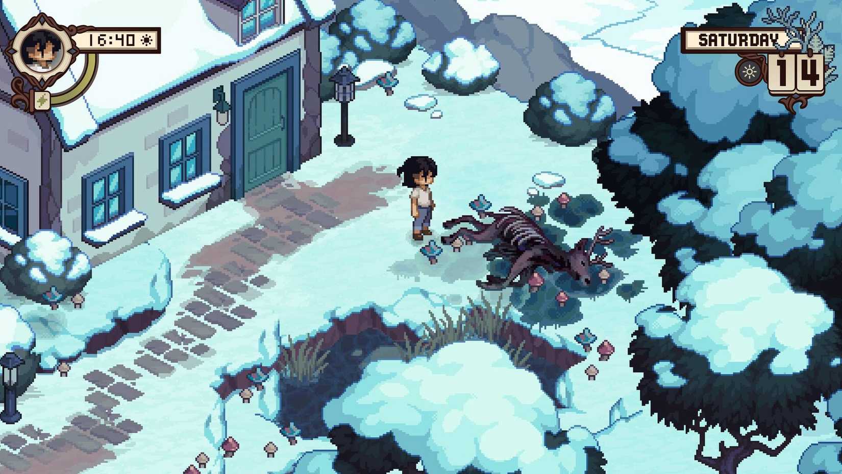 The player looking at a dead deer in Grave Seasons.